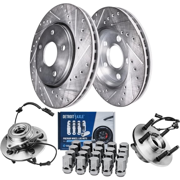 Detroit Axle - Front Drilled Brake Rotors Wheel Hub Bearings + 20pc Wheel Lug Nuts Replacement for 2006-2008 Dodge Ram 1500 4-wheel ABS - 24pc Set