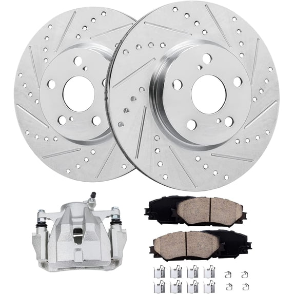 Detroit Axle - Front Drilled Rotors Brake Pads + Left Brake Caliper Replacement for Toyota Matrix Corolla Scion xD Pontiac Vibe - 5pc Set