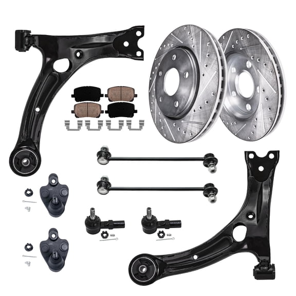 Detroit Axle - Front Drilled Rotors Brake Pads Lower Control Arms Suspension Kit Replacement for 2003-2008 Toyota Matrix