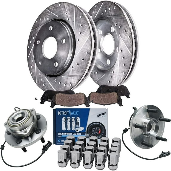 Detroit Axle - Front Drilled Rotors Brake Pads Wheel Hub Bearings w/20pc Wheel Lug Nuts Replacement for 2007-2009 Dodge Durango Aspen - 26pc Set