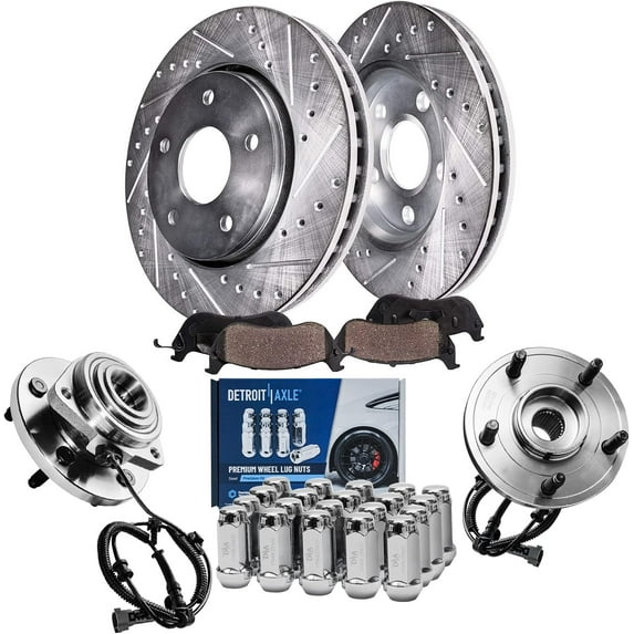 Detroit Axle - Front Drilled Rotors Ceramic Brake Pads Wheel Hub Bearings + 20pc Lug Nuts Replacement for Jeep Grand Cherokee Commander - 26pc Set