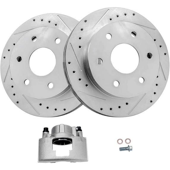 Detroit Axle - Front Drilled Rotors + Right Brake Caliper Replacement for Chevy GMC K1500 Suburban K2500 Pickup Yukon Tahoe - 3pc Set Fits select: 1997-1999 CHEVROLET TAHOE K1500