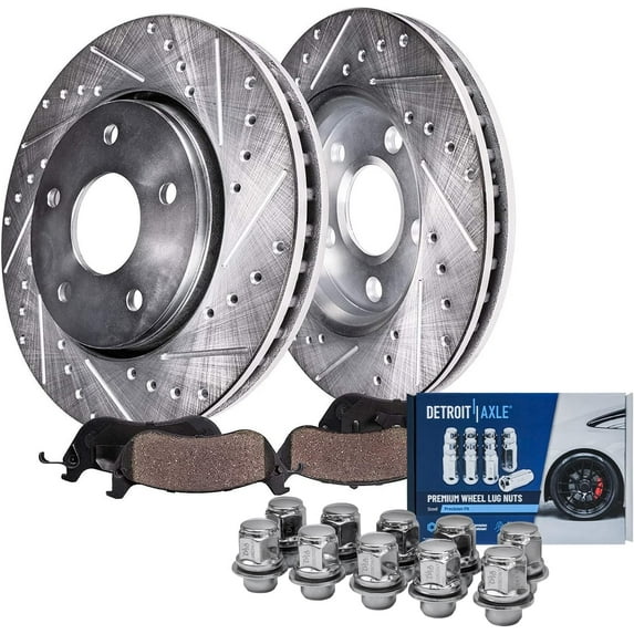 Detroit Axle - Front Drilled & Slotted Brake Rotors + Ceramic Brake Pads +10pc Wheel Lug Nuts Replacement for 2007-2013 Nissan Altima - 6pc Set