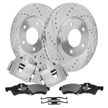 Detroit Axle - Front Brake Kit for 2001-2007 Chrysler Town & Country Dodge Grand Caravan, 2 Drilled and Slotted Disc Rotors 2 Ceramic Brakes Pads 2 Calipers Replacement: 11.06" inch Rotor