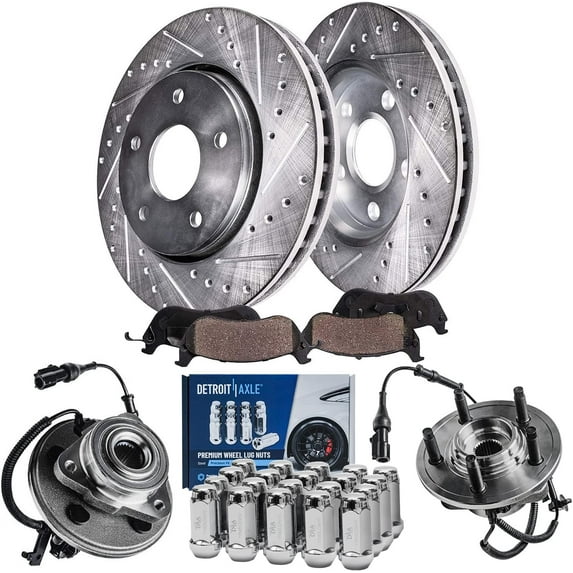 Detroit Axle - Front Drilled & Slotted Rotors Brake Pads Wheel Hubs + 20pc Lug Nuts Replacement for Ford Explorer Mercury Mountaineer - 26pc Set