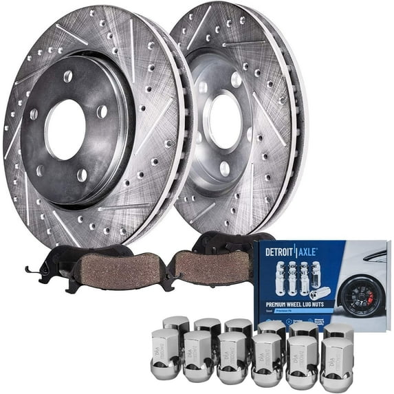 Detroit Axle - Front Drilled & Slotted Rotors + Brake Pads w/ 12pc Wheel Lug Nuts Replacement for Dodge Durango Jeep Grand Cherokee - 16pc Set