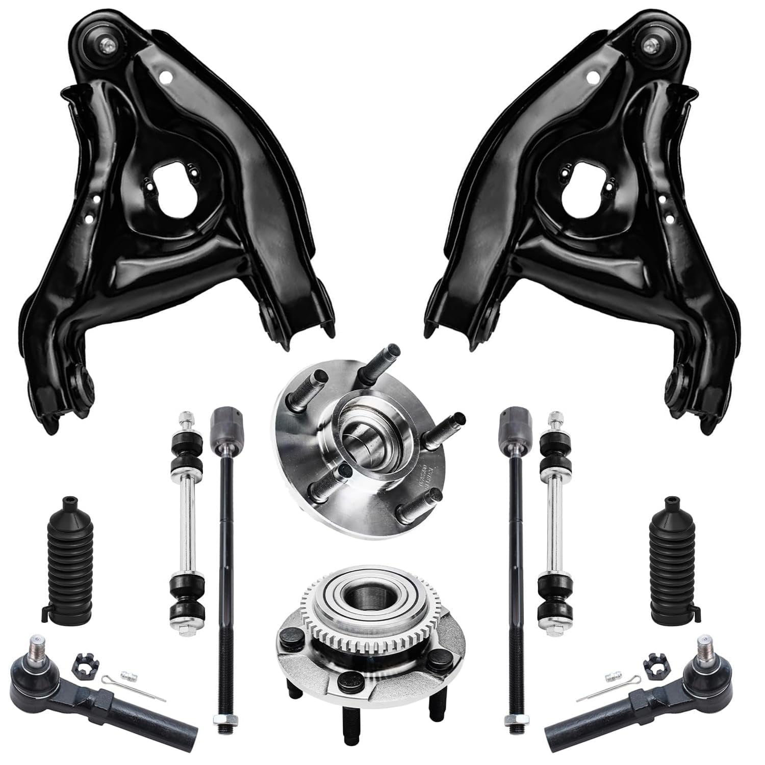 Detroit Axle - Front End 12pc Suspension Kit for 1994-2004 Ford Mustang 2 Lower Control Arms w/Ball Joints 2 Wheel Bearing Hubs 2 Sway Bar Links 4 Inner & Outer Tie Rods 2 Boots Replacement