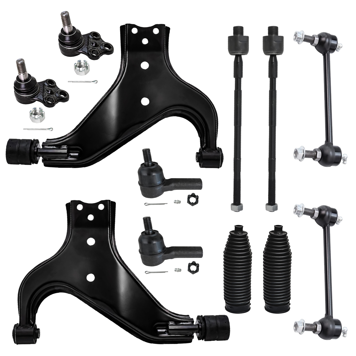 Detroit Axle - Front 12pc Suspension Kit for 1996-2004 Nissan Pathfinder Infiniti QX4, 2 Lower Control Arms 2 Ball Joints 2 Sway Bars 4 Outer and Inner Tie Rods 2 Boots Replacement