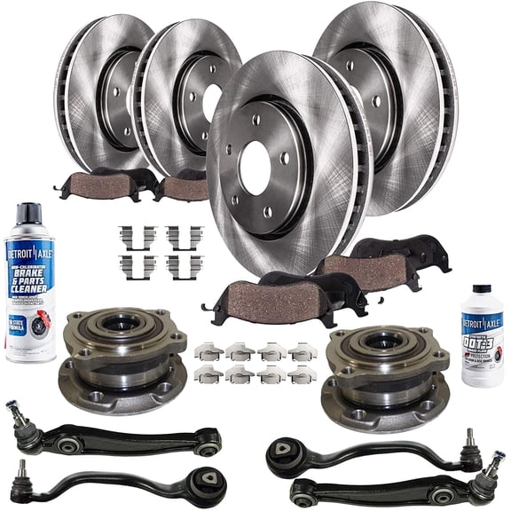 Detroit Axle - Front Lower Forward Rearward Control Arms + Wheel Bearing Hubs Front Rear Disc Brake Rotors Brake Pads for 2007-2013 BMW X5 2011-2014 X6-16pc Set