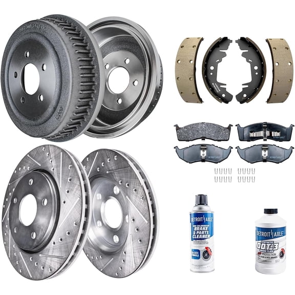 Detroit Axle - Front Rear Brake Kit for Chrysler Town & Country Dodge Grand Caravan Plymouth Voyager, Drilled Slotted Brakes Rotors Brake Pads Brake Drums Brake Shoes 1997 1998 1999 2000 Replacement
