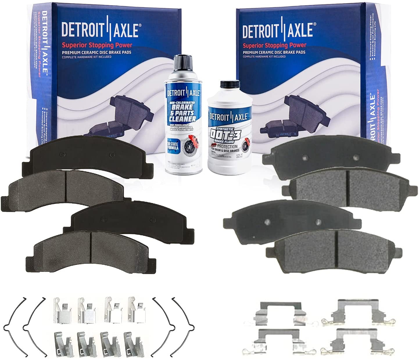Detroit Axle Front Rear Ceramic Pads w/ Hardware + Brake Cleaner