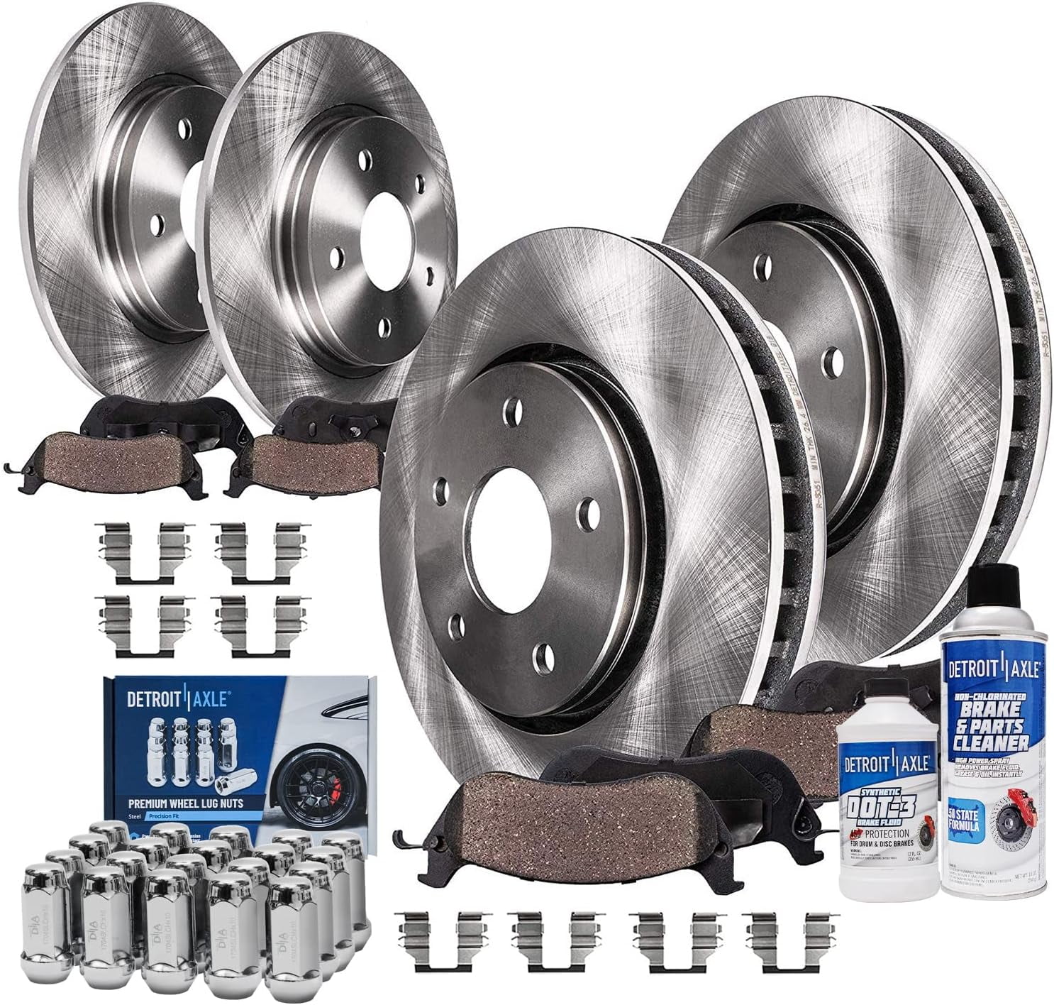 Detroit Axle Front Rear Disc Rotors Brake Pads w/ 20pc Wheel Lug Nuts