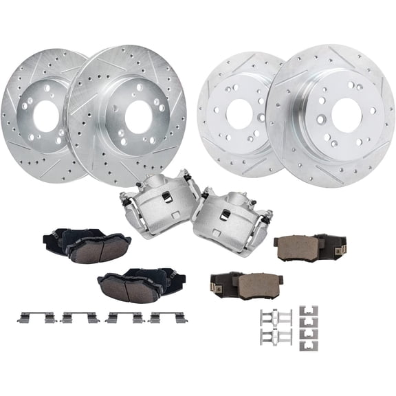 Detroit Axle - Front & Rear Drilled Rotors Ceramic Brake Pads + Front Brake Calipers Replacement for 2003-2011 Honda Element - 10pc Set