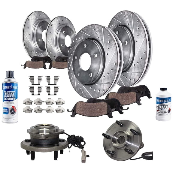 Detroit Axle - Brake Kit for 2006-10 Jeep Commander 05-10 Grand Cherokee Front & Rear Drilled Disc Brake Rotors and Brakes Pads Replacement Front Wheel Bearing Hubs