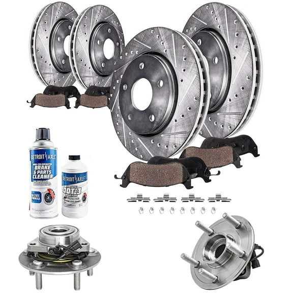Detroit Axle - Front & Rear Drilled Rotors Ceramic Brake Pads w/Hardware Wheel Hub & Bearing Assembly Replacement for 2012-2018 Ram 1500 [5 Lug Models] - 12pc Set