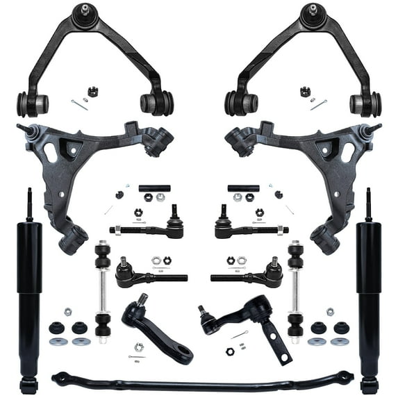 Detroit Axle - Front Upper Lower Control Arms + Shock Absorbers + Inner Outer Tie Rods + Sway Bar Links + 2.48'' Bolt Idler Arm +