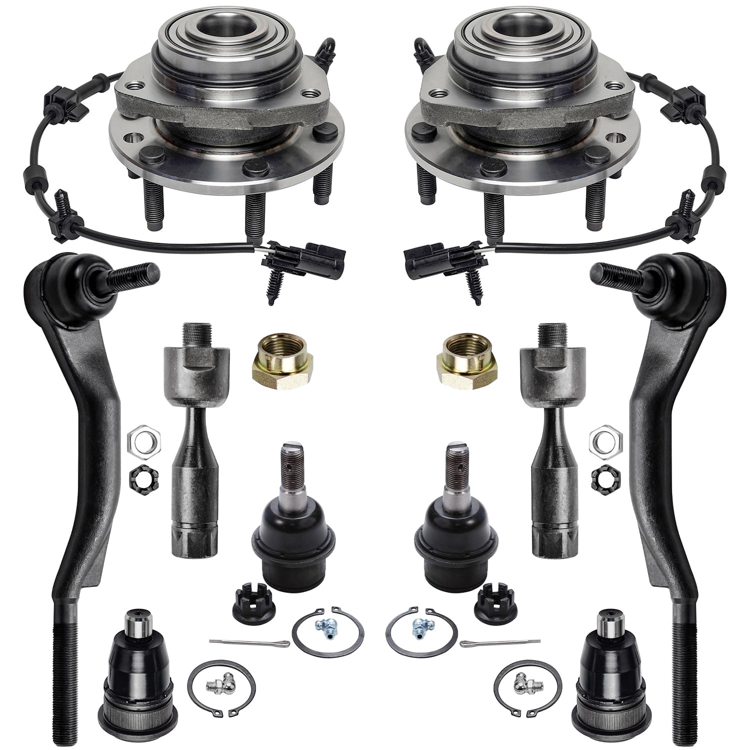 Detroit Axle - 12pc Front Suspension Kit for Chevy Trailblazer EXT GMC Envoy XL XUV Buick Rainier Saab 9-7X Isuzu Ascender, 2 Wheel Bearing Hubs 4 Tie Rods 4 Ball Joints 2 CV Axle Nuts