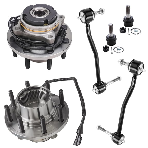 Detroit Axle - Front Wheel Hub And Bearing Assembly + Sway Bar + Upper Ball Joints Replacement For Ford F-350 F-250 Super Duty Excursion 2003 2004 [4WD w/ ABS SRW Fine Threads] - 6pc Set