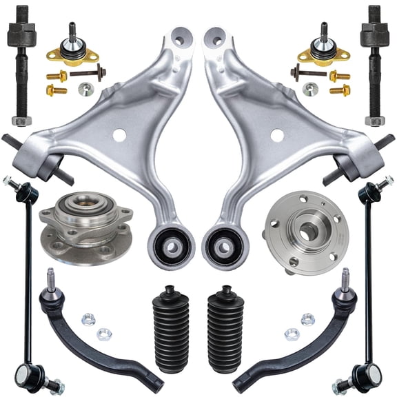 Detroit Axle - Front Wheel Hubs & Bearings + Lower Control Arms + Ball Joints + Sway Bars + Tie Rods Replacement for 2001 - 2006 Volvo S80 - 14pc Set