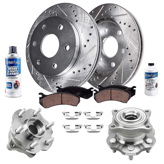 Detroit Axle - REAR. Drilled & Slotted Brake Rotors + Ceramic Brake Pads + Wheel Hub & Bearing Assemblies + Brake Cleaner Fluid Replacement for 2005 - 2012 Nissan Pathfinder - 8pc Set