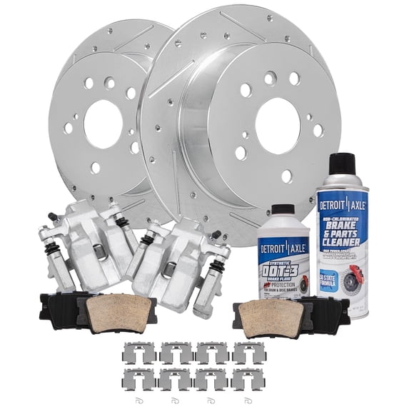 Detroit Axle - REAR Brake Kit for 2012-2017 Toyota Camry 2013-2018 Avalon Lexus ES350 ES300h Drilled & Slotted Disc Brake Rotors Ceramic Brakes Pads Brake Calipers Replacement: 11.06" inch Rotor