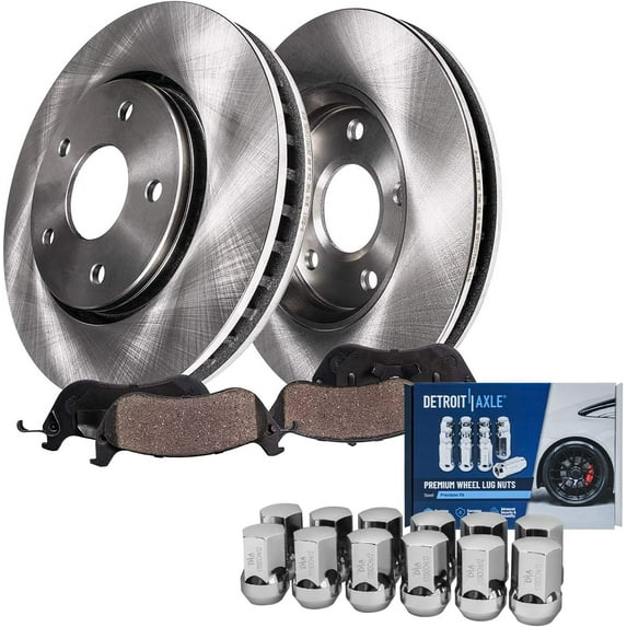 Detroit Axle - Rear Disc Rotors + Ceramic Brake Pads + 12pc Wheel Lug Nuts Replacement for 2012-2018 Ram 1500 5-Lug - 16pc Set