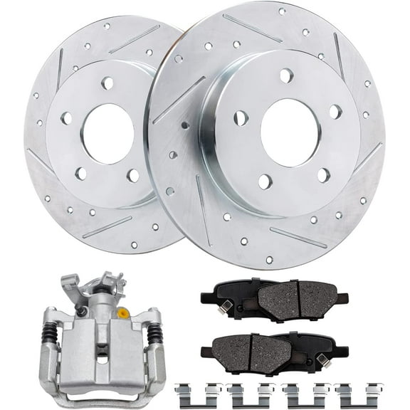 Detroit Axle - Rear Drilled Rotors Brake Pads + Left Brake Caliper Replacement for Chevy Malibu HHR Pontiac G5 G6 Saturn Aura Ion - 5pc Set