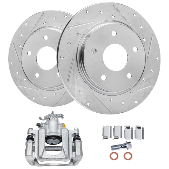 Detroit Axle - Rear Brake Kit for Dodge Grand Caravan Chrysler Town & Country Ram C/V Volkswagen Routan, Drilled & Slotted Disc Brake Rotors, Left Brake Caliper Replacement : 12.00" inch Rotor