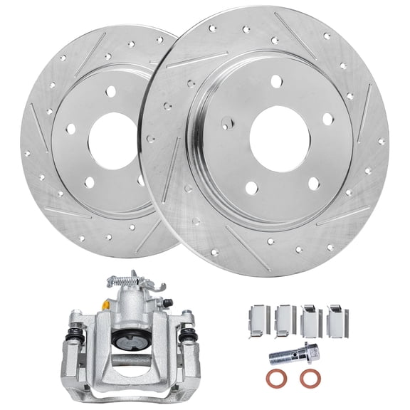 Detroit Axle - Rear Brake Kit for Dodge Grand Caravan Chrysler Town & Country Ram C/V Volkswagen Routan, Drilled & Slotted Disc Brake Rotors, Right Brake Caliper Replacement : 12" inch Rotor
