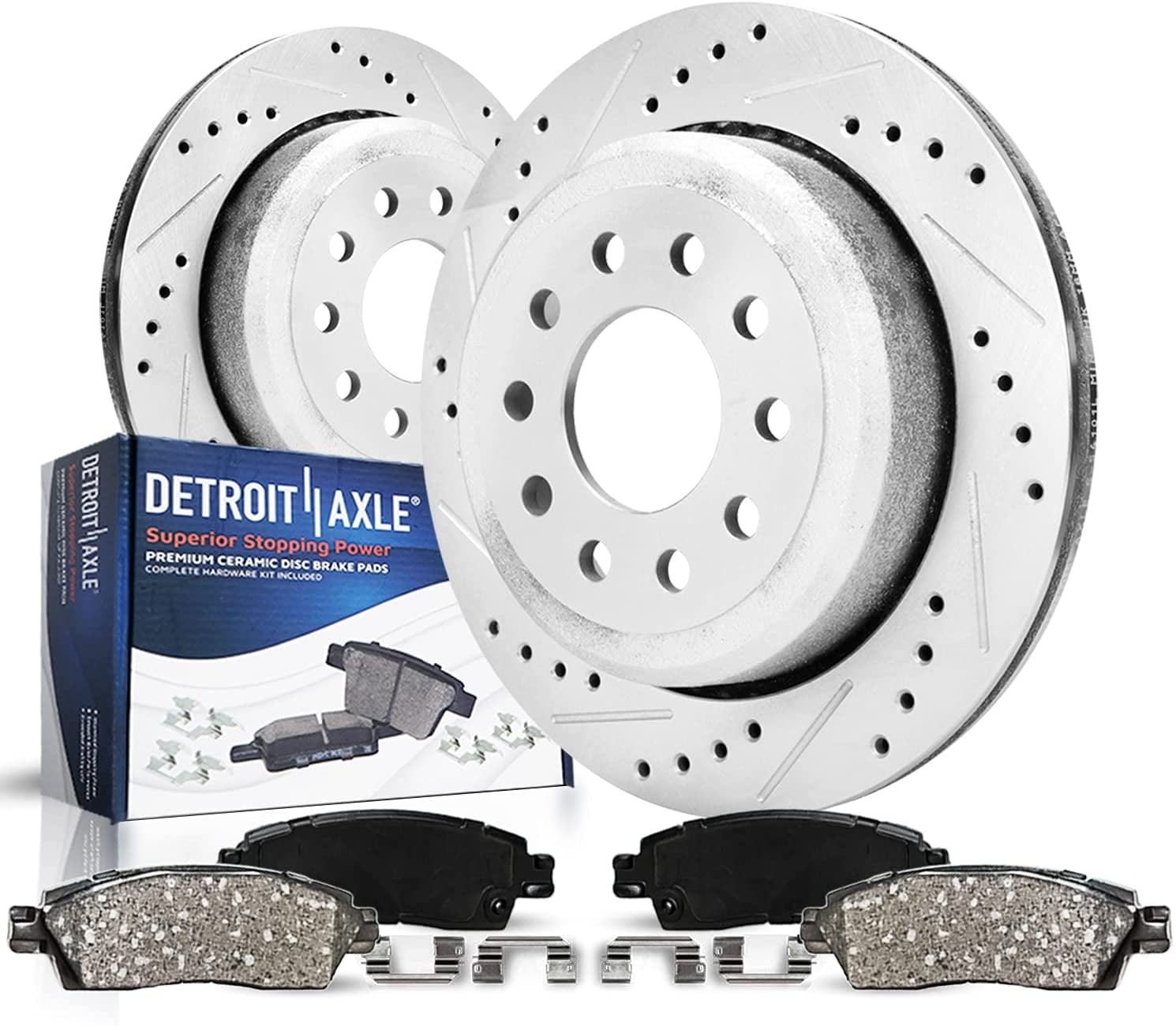 Detroit Axle - Rear Drilled Slotted Brakes and Rotors Brake Pads Replacement for Lincoln Town Car Fits select: 2005-2006 LINCOLN TOWN CAR SIGNATURE LIMITED, 2003 LINCOLN TOWN CAR SIGNATURE