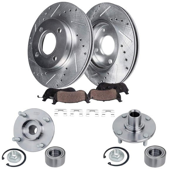 Detroit Axle - Front Wheel Bearing Hubs Brake Kit for 08-11 Ford Focus Drilled & Slotted Brake Rotors Ceramic Brakes Pads Wheel Bearing Hubs Assembly 2009 2010 Replacement
