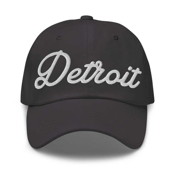 Detroit Baseball Cap Detroit Dad Hat Bold Script Michigan MI Hat Embroidered Souvenir Gift Dark Grey