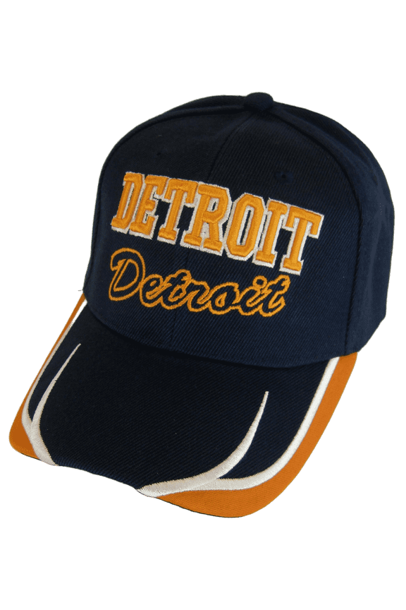 Detroit City Name Block and Script Lettering Baseball Cap with Embroidered Bill (Navy/Orange)