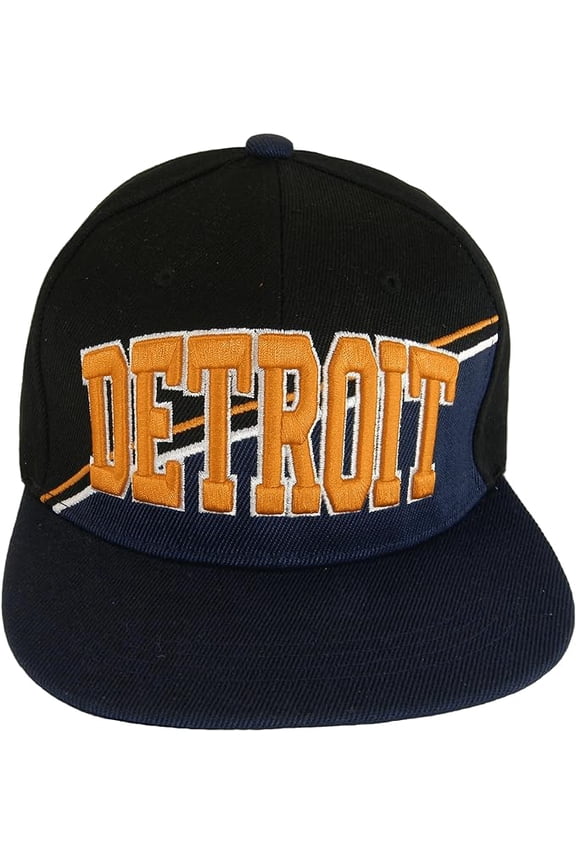 Detroit City Name Diagonal Split Color Font Snapback Baseball Cap (Black/Dark Blue)