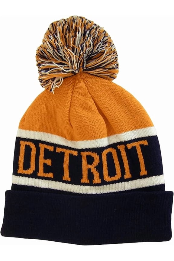 Detroit City Name Wide Stripe Winter Knit Pom Beanie Hat (Orange/Navy)