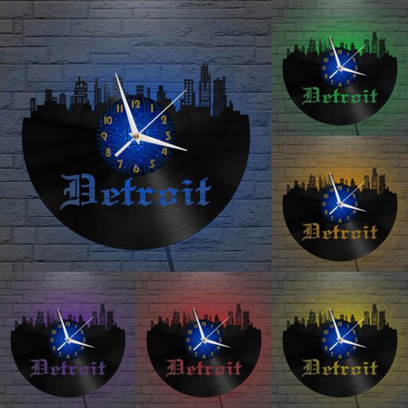 Detroit Cityscape 12 Inch Vinyl Record Wall Clock - Silent, Creative, and Unique Clock for Living Room, Entryway, or Bedroom Decor - Perfect Gift Idea(12 inchs B with LED)