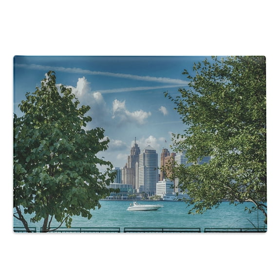Detroit Cutting Board, Detroit Sightseeing on a Summer Afternoon Modern Architecture River and Boat, Decorative Tempered Glass Cutting and Serving Board, Large Size, Green Blue Aqua, by Ambesonne
