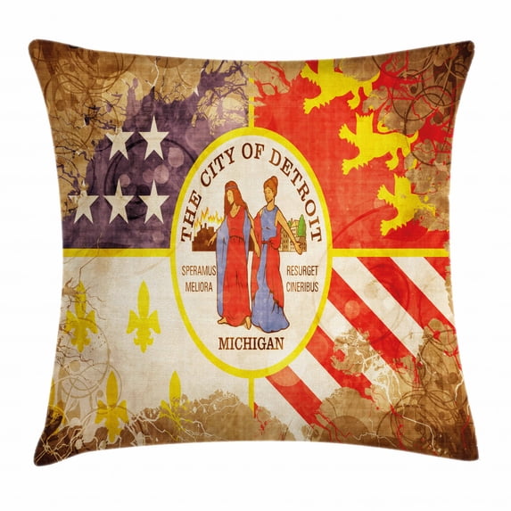Detroit Decor Throw Pillow Cushion Cover, Antique Detroit Flag with Floral Swirls Grungy Look Vintage Old American, Decorative Square Accent Pillow Case, 20 X 20 Inches, Multicolor, by Ambesonne