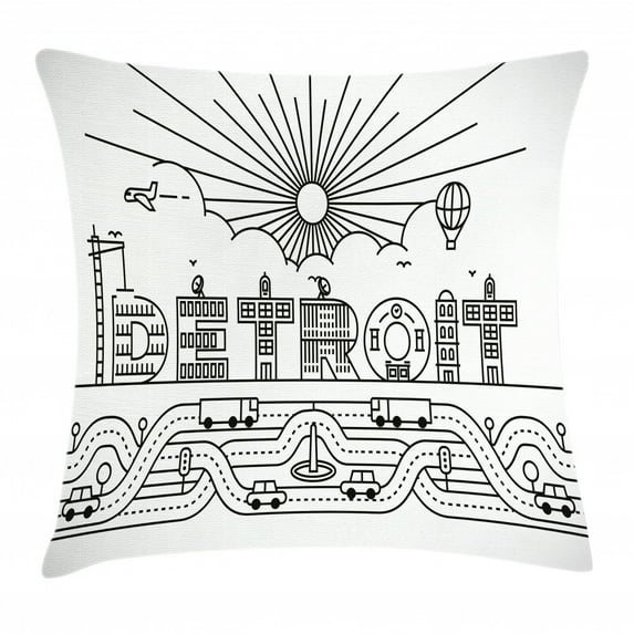 Detroit Decor Throw Pillow Cushion Cover, Detroit City Typography with Building Letters Transportation Air Balloon, Decorative Square Accent Pillow Case, 20 X 20 Inches, Black and White, by Ambesonne