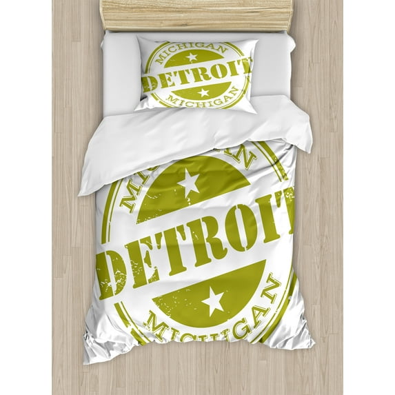 Detroit Duvet Cover Set, Aged Grunge Detroit Michigan Stamp Retro Design with Stars Tourism Travel, Decorative 2 Piece Bedding Set with 1 Pillow Shams, Twin Size, Olive Green White, by Ambesonne