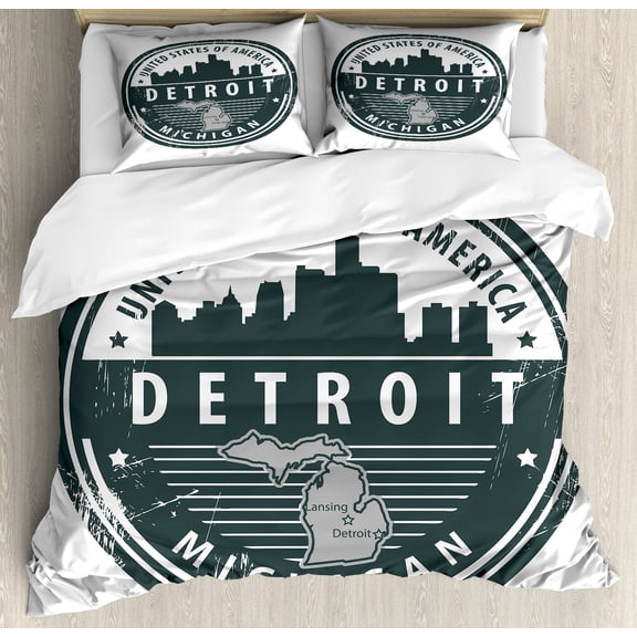 Detroit Duvet Cover Set, Damaged Old Stamp of Michigan USA with City Map Location Tourism Travel, Decorative 3 Piece Bedding Set with 2 Pillow Shams, Queen Size, Black White Grey, by Ambesonne