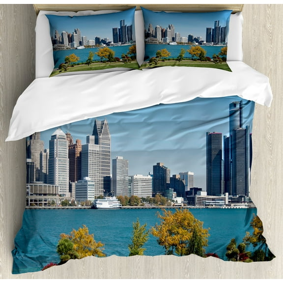 Detroit Duvet Cover Set, Industrial City Center Shoreline River Scenic Panoramic View in a Sunny Day, Decorative 3 Piece Bedding Set with 2 Pillow Shams, Calking Size, Blue Green Grey, by Ambesonne