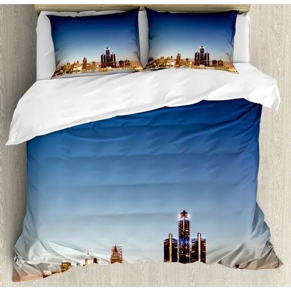Detroit Duvet Cover Set King Size, Michigan Skyline at Twilight Waterfront Lively City Serene Calm Travel Destination, Decorative 3 Piece Bedding Set with 2 Pillow Shams, Multicolor, by Ambesonne