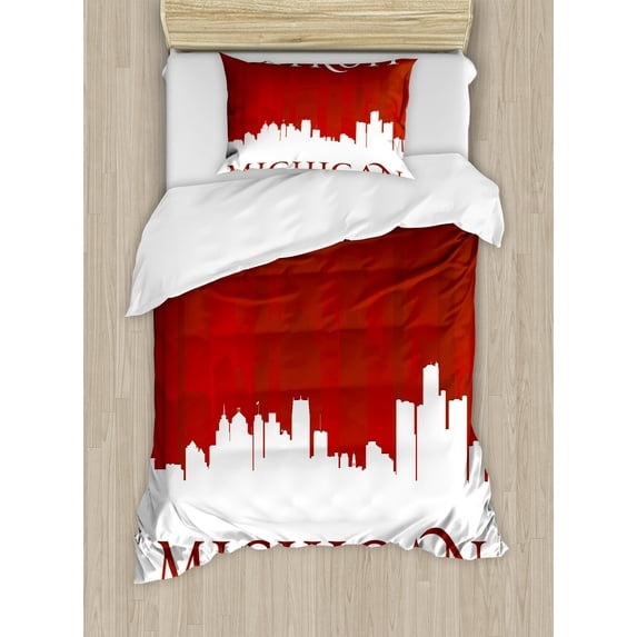 Detroit Duvet Cover Set, Michigan City Silhouette Composition Classical Typography American City, Decorative 2 Piece Bedding Set with 1 Pillow Shams, Twin Size, Red and White, by Ambesonne