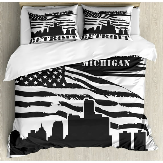 Detroit Duvet Cover Set, Monochrome Grunge City Silhouette American Flag United States Michigan, Decorative 3 Piece Bedding Set with 2 Pillow Shams, Queen Size, Charcoal Grey White, by Ambesonne