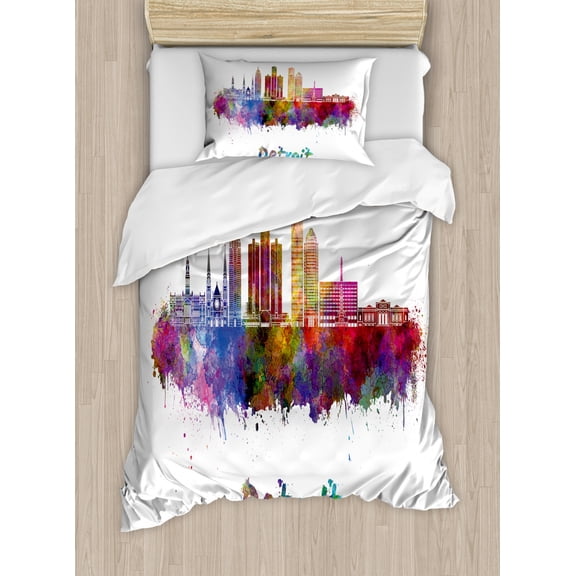 Detroit Duvet Cover Set Twin Size, Artistic Skyline in Watercolor Splatters Colorful Grunge Look American Landmark, Decorative 2 Piece Bedding Set with 1 Pillow Sham, Multicolor, by Ambesonne