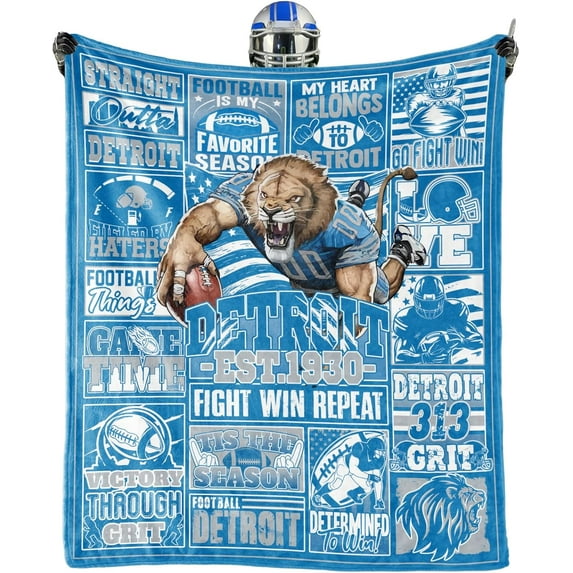 Detroit Football Blanket, Fan Gifts for Men Women, Sports Blue and Silver Team Color Style Throw Blanket Football Merch Gear 50"x60".