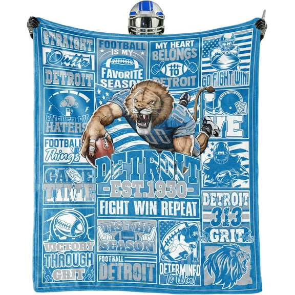 Detroit Football Blanket, Fan Gifts for Men Women, Sports Blue and Silver Team Color Style Throw Blanket Football Merch Gear 50"x60".