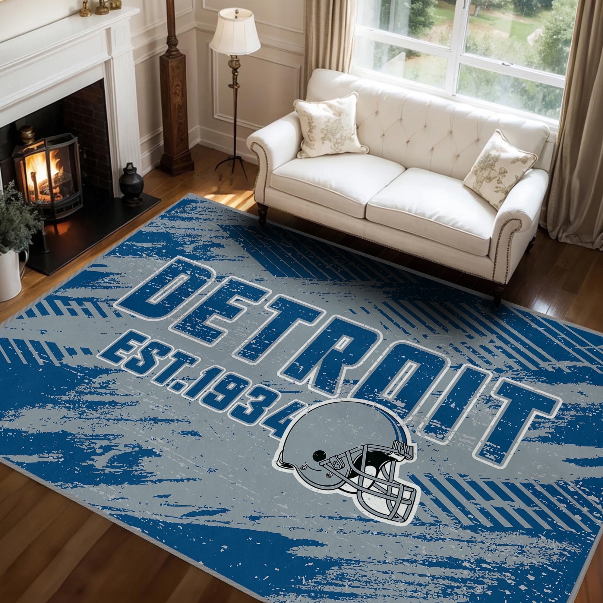 Detroit Football Rugs 5x7 Bedroom Living Room Football Carpet Non-Slip Machine Washable Area Rug for Boys and Man Cave Decor