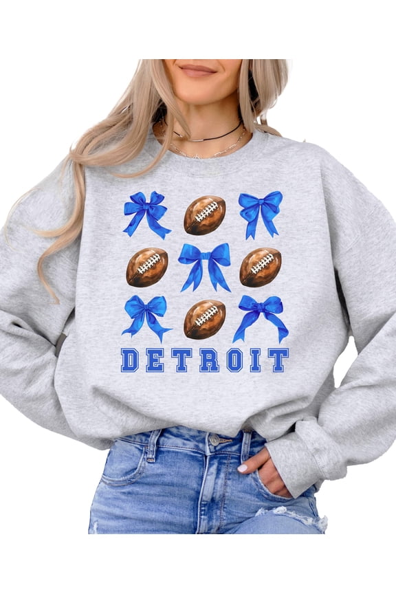 Detroit Football Sweatshirt for Women Teens and Kids Footballs and Blue Coquette Bows Pullover Gray Sweatshirt Adult Large